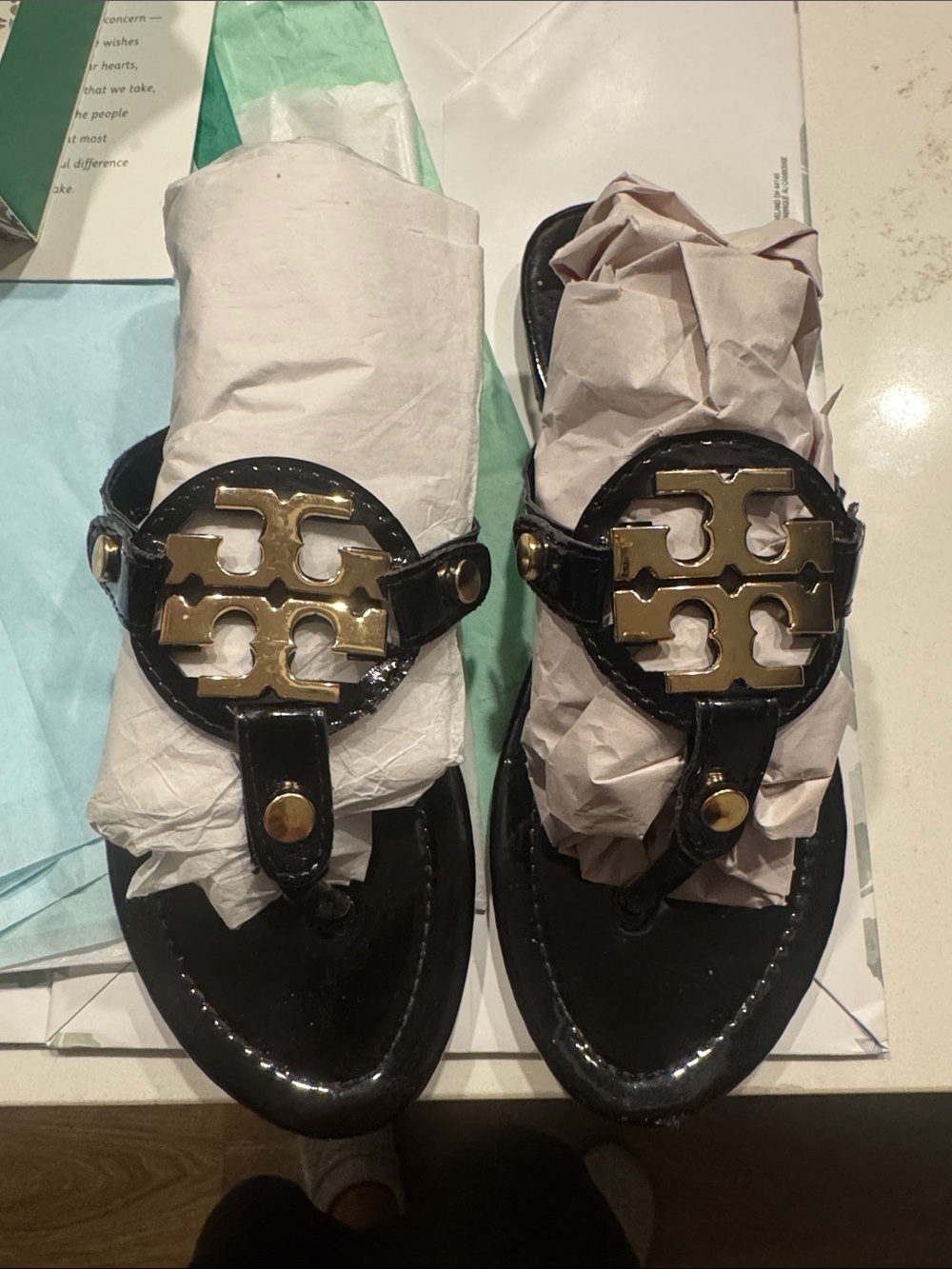 Tory Burch Miller Black Patent Logo Thong Sandals with Gold Emblems
